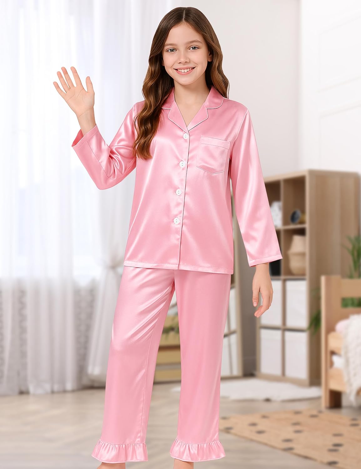 Kids Silk Pajamas for Girls Satin Pajama Sets 2 Pcs Ruffle Pajamas Girls Button Down Pjs Set Sleepwear Loungewear - Image 2
