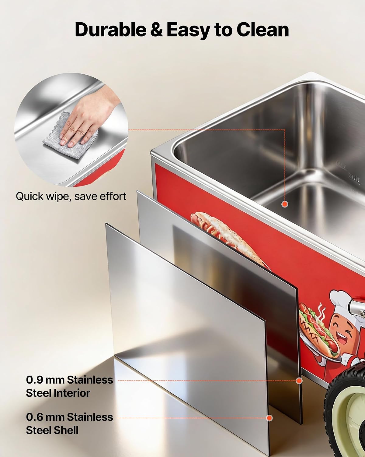 VEVOR Hot Dog Steamer Cart, 1200W Electric Stainless Steel Hot Dog Steam Machine, 86-203°F Temp Adjustable, Portable Cart with Eye-Catching Umbrella & Wheels, for Bakeries, Food Stands, Parties