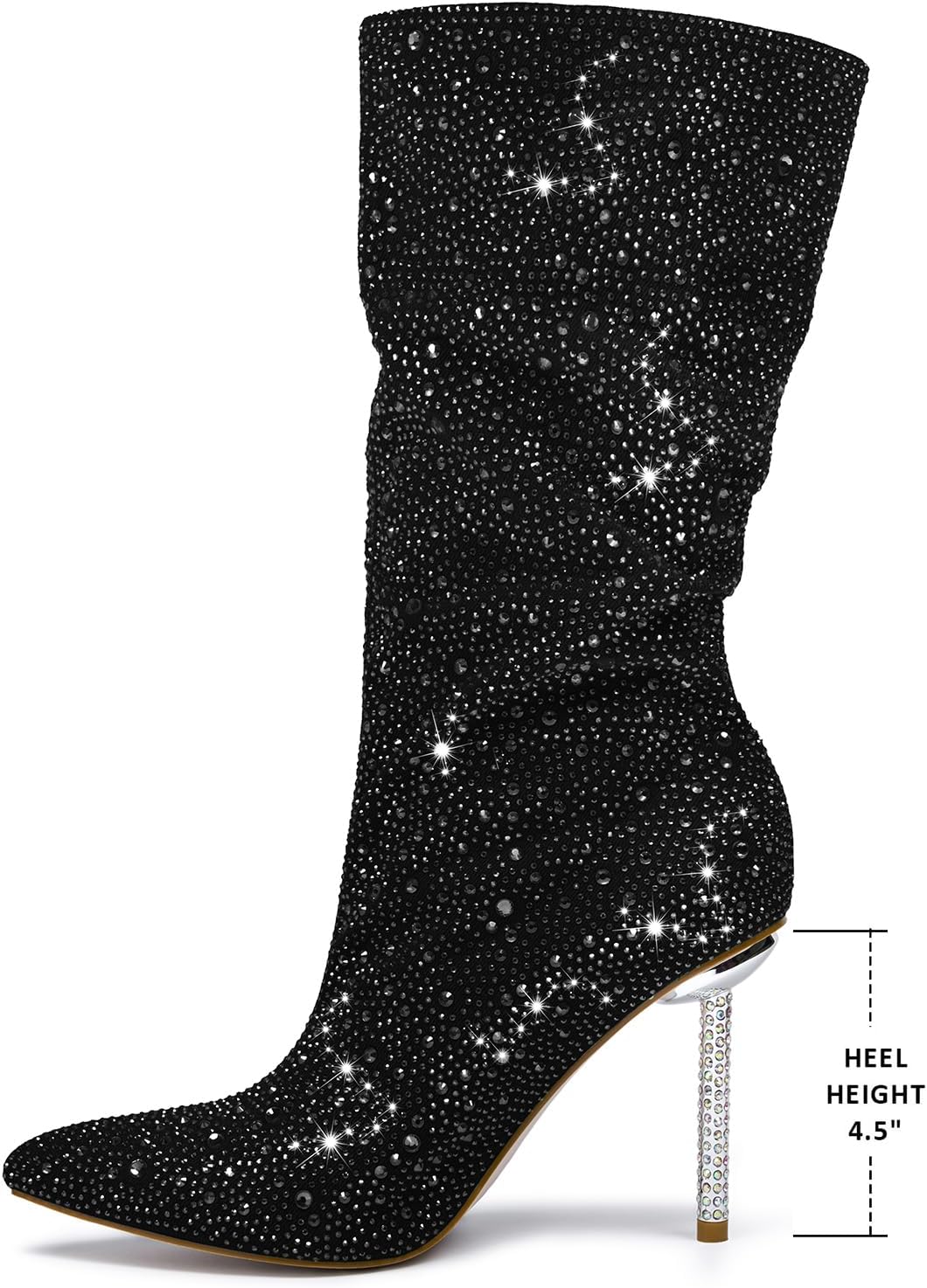 Women's Mid Calf Boots sparkly Rhinestone Stiletto Heel Boots Western Wide Calf Short Cowboy Boots Sexy Pointed Toe dress Party Boots