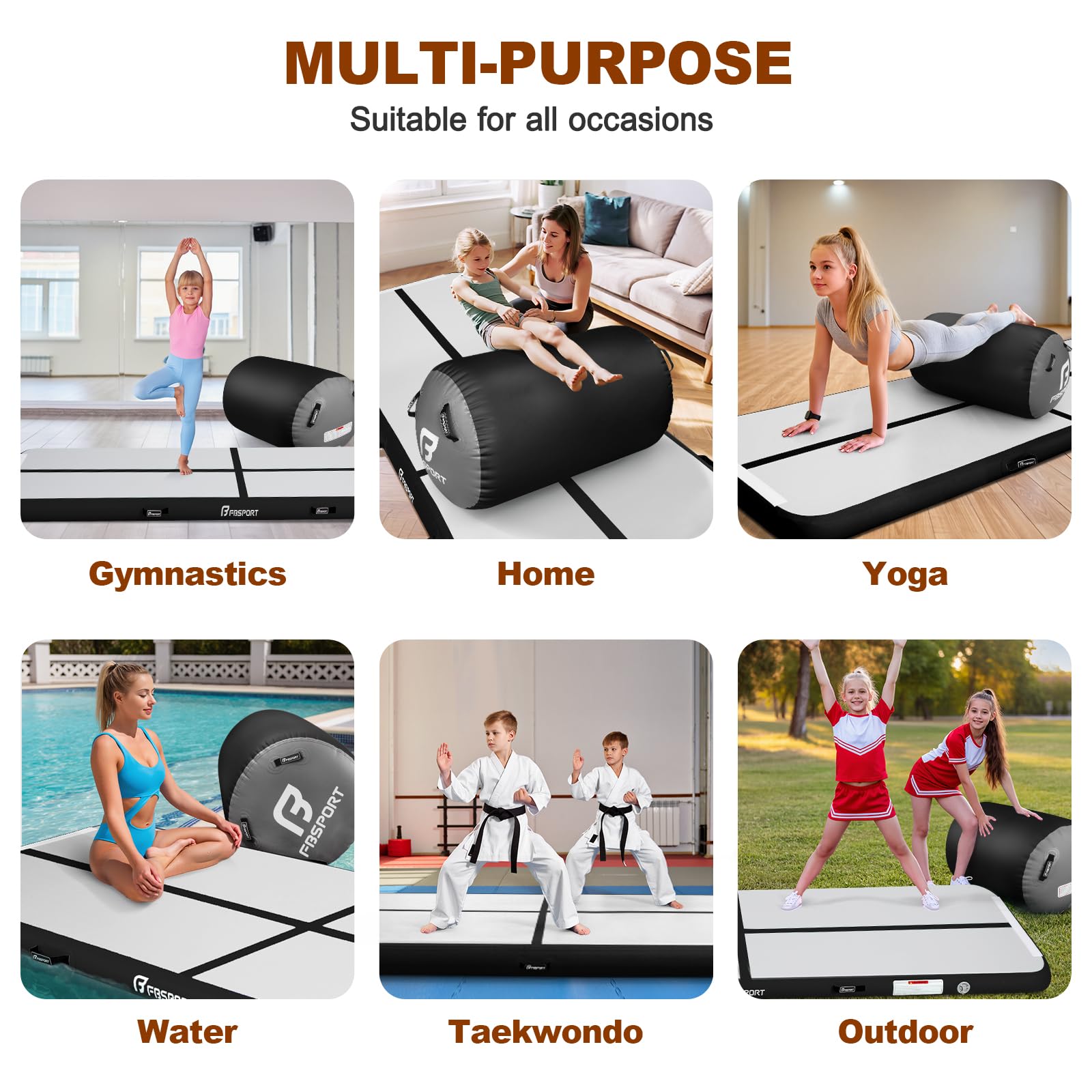 FBSPORT Airtrack Matte mit 100x60cm Air Roll, 10cm Hoch Verdicken 3/4M Tumbling Matte,Gymnastikmatte mit Luftpumpe,Trainingsmatte mit Tragetasche,Turnmatte für Zuhause, Outdoor,Yoga