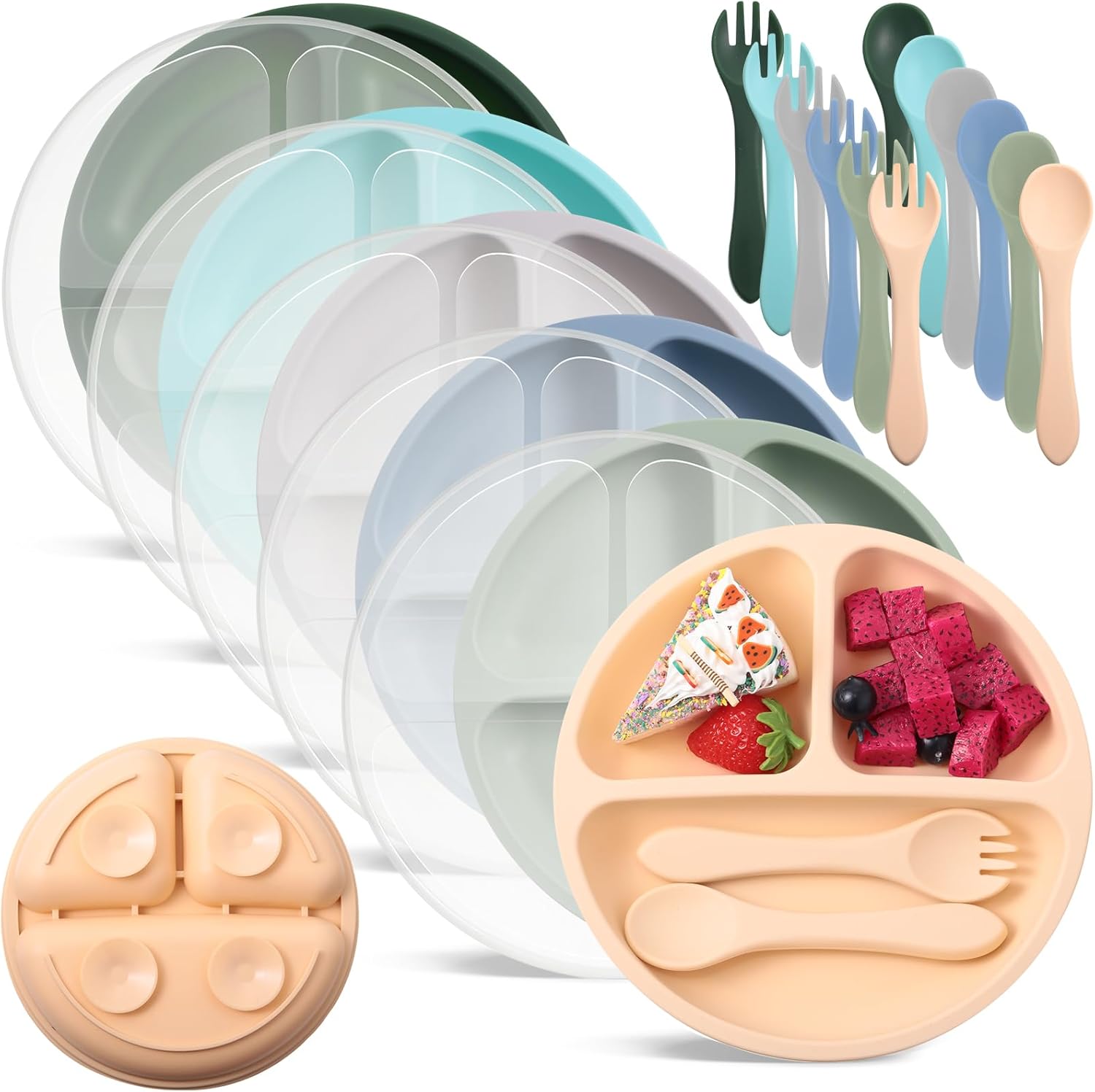 Meanplan 6 Pack Suction Plates for Toddlers with Lids Silicone Baby Plates set Food Grade Silicone Divided Design BPA Free Microwave and Dishwasher Safe Assorted Colors(Mixed Colors)