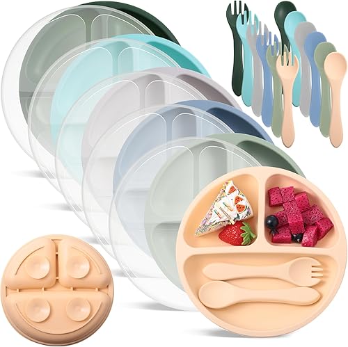 Meanplan Paquete de 6 placas de succión para niños pequeños con tapas, juego de platos de silicona de grado alimenticio, diseño dividido de silicona