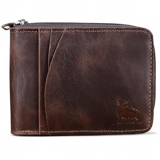 Carteira Masculina De Couro Legítimo Bovino Com Ziper CNH Cartões Antifurto Proteção RFID - 287 (Marrom Café - Couro CBFT)