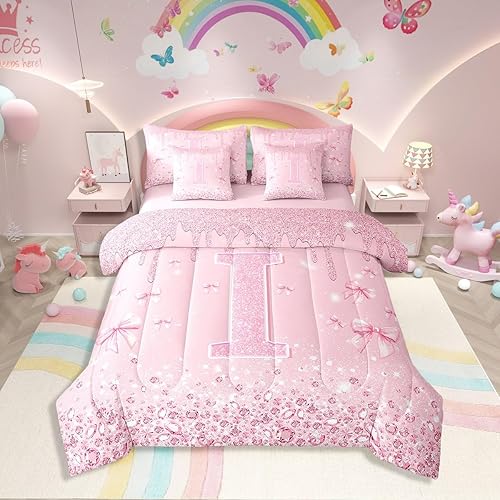 Erosebridal Pink Princess Bow Girls Twin Comforter Set with Sheets 7 Piece Coque