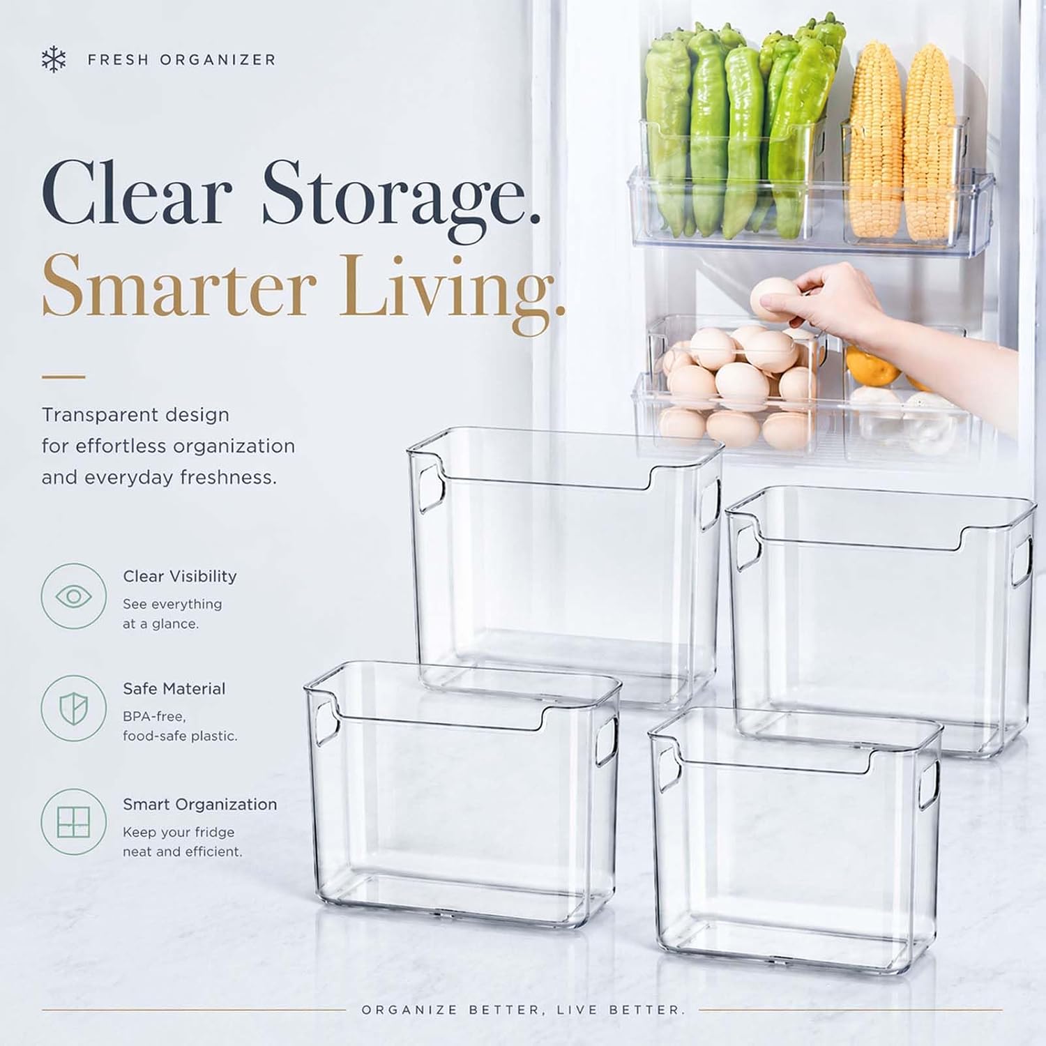 Crystal Clear Freezer Storage Bins, Crack-Resistant Plastic Fridge Storage Bins with Built-in Handles, BPA-Free Organization Containers for Refrigerator, Pantry Kitchen Cabinets (A-7 in,4)