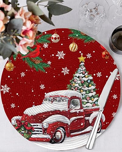 Miniatura 2 de Paquete de 2 manteles individuales redondos trenzados, color rojo cedro, Navidad, 15 pulgadas, lavables, resistentes al calor, para cocina, mesa de