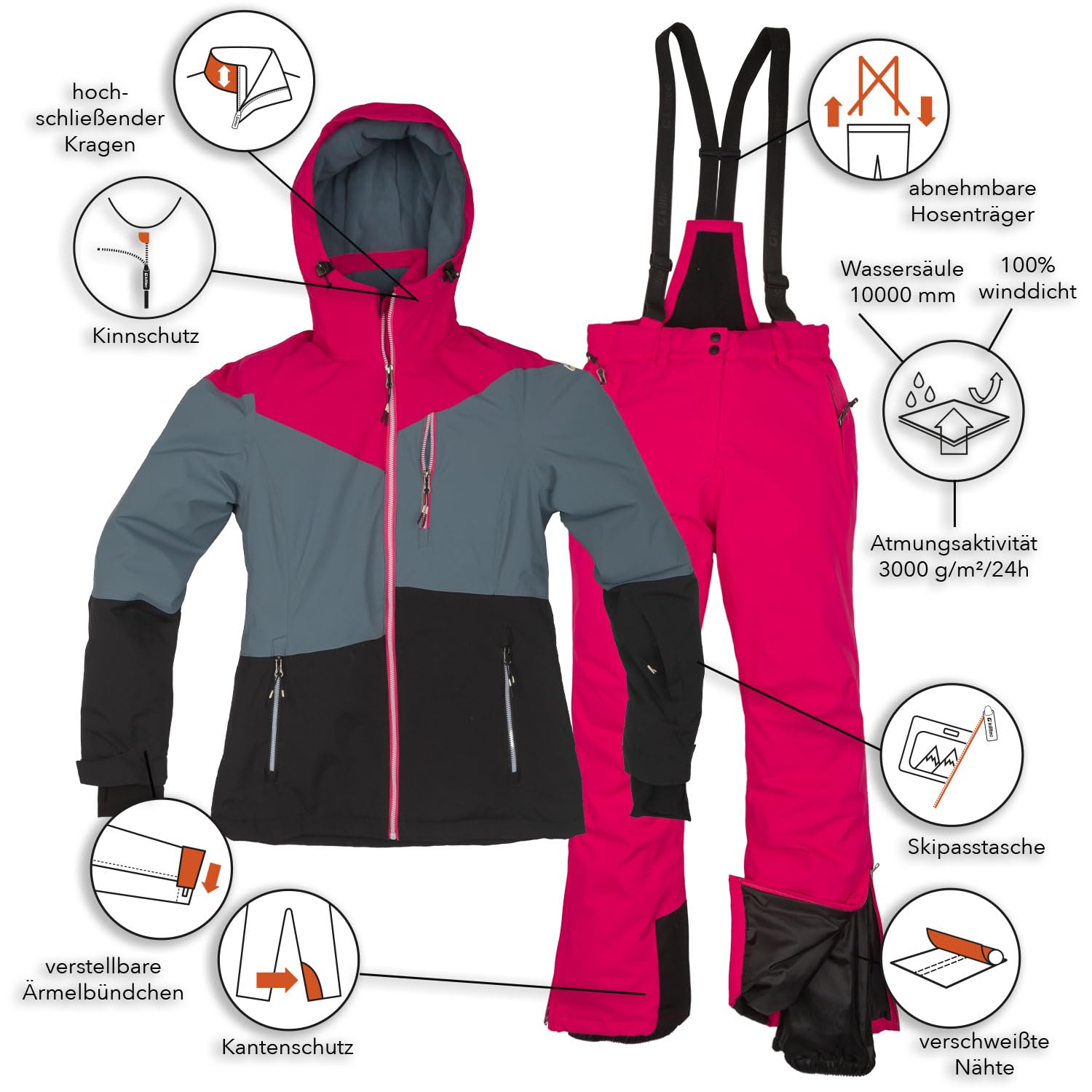 Killtec Damen Skianzug - Skijacke schwarz grau satt pink und Skihose satt pink - mit 10000mm Wassersäule - wasserdicht, atmungsaktiv