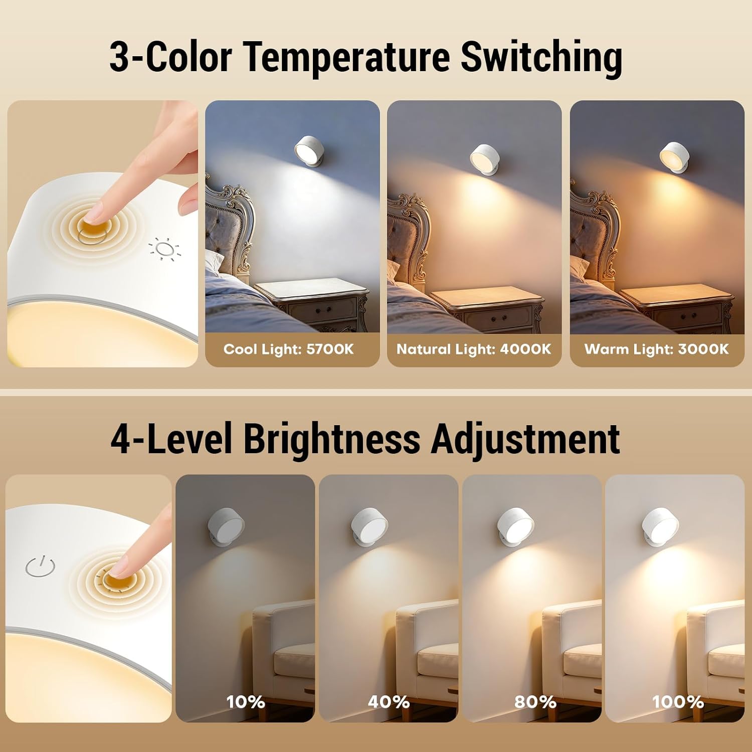 LED Wall Lights, [160H Battery Operated] Wireless Rechargeable Mounted, 3 Color & 4 Brightness Level & 360°Rotate & Touch or Remote, Wall Sconces for Reading Bedroom(White,Set of 2)