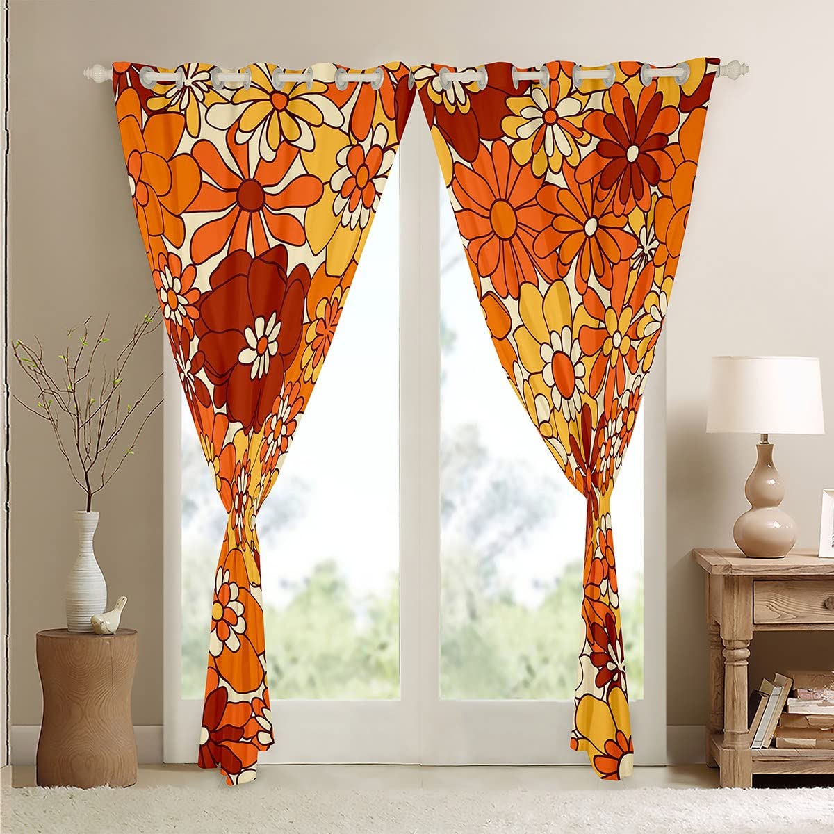 Homewish Rideaux à motif floral bohème rétro groovy – 30 % à 50 % occultants pour chambre à coucher, jardin naturel, orange et marron, 167,6 x 228,6 cm (l x L)