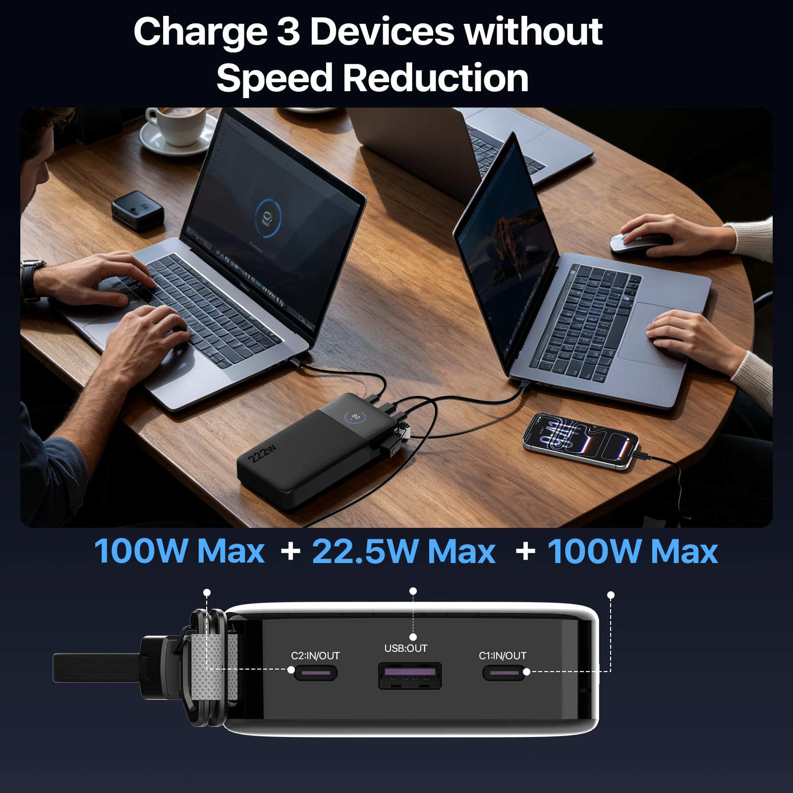 NOBIS Power Bank 222W 25000mAh, przenośna ładowarka z wyświetlaczem cyfrowym, 2 USB-C i 1 USB-A z wbudowaną linką, kompatybilna z laptopem, tabletem, telefonem 17, S25 i słuchawkami