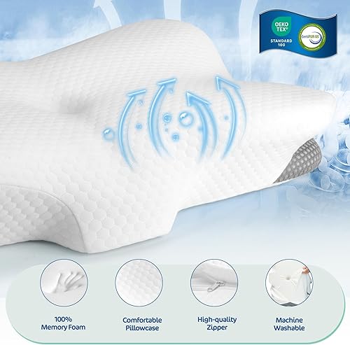 Miniatura 4 de Almohada cervical ergonómica para aliviar el dolor de cuello y hombros, almohada de contorno de espuma viscoelástica con doble altura, funda de