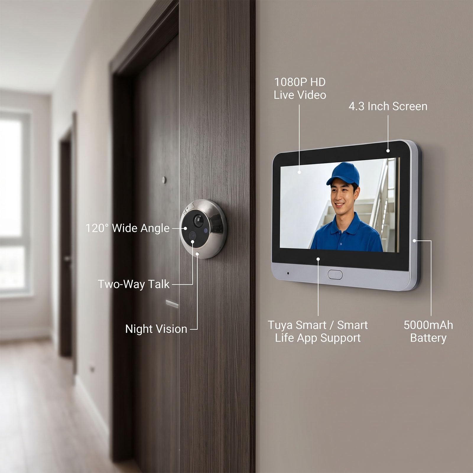 Luocute Timbre con Vídeo Inteligente 1080P, Pantalla LCD de 4,3 Pulgadas WiFi Conversación Bidireccional con Reducción de Ruido, Detección de Movimiento PIR Batería de 5000 MAh para