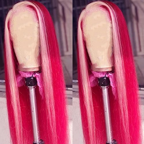 Hot Pink Lace Front Wig Highlights Straight Hair Blonde Skunk Stripe Hair Wig Heat Resistant Synthetic Lace Front Wigs for Fashion Women