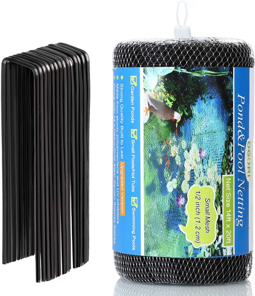OGORI 14 x 20 ft Garden Plant Netting with 14 Heavy-Duty Steel Garden Staples Stakes,Reusable and Doesn't Tangle - Protective Netting Against Blue Heron Birds and Cats