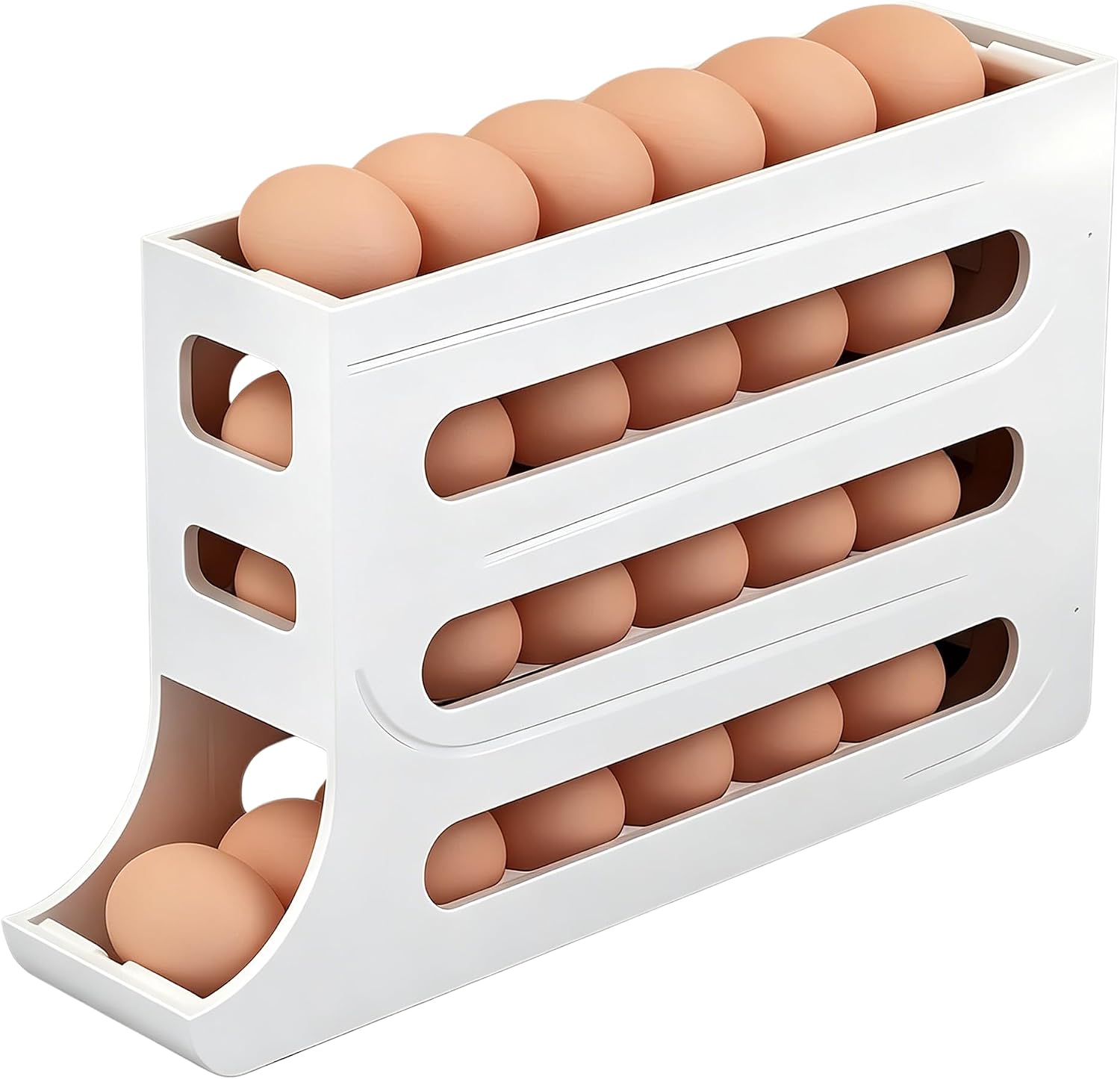 Automatic Rolling Egg Organizer for Fridge, 4 Tier Dispenser with 28 Egg Capacity, Space Saving Refrigerator Storage Container, BPA-Free Plastic, Kitchen Countertop Pantry