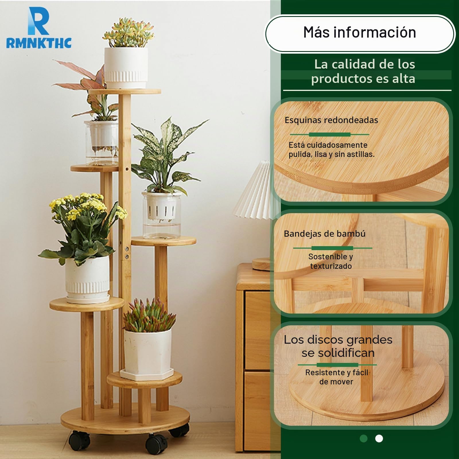 Estantería de bambú para flores con ruedas, 5 niveles, capacidad de carga de 20 kg, material natural resistente al agua, fácil montaje para salón, balcón, dormitorio (color madera)