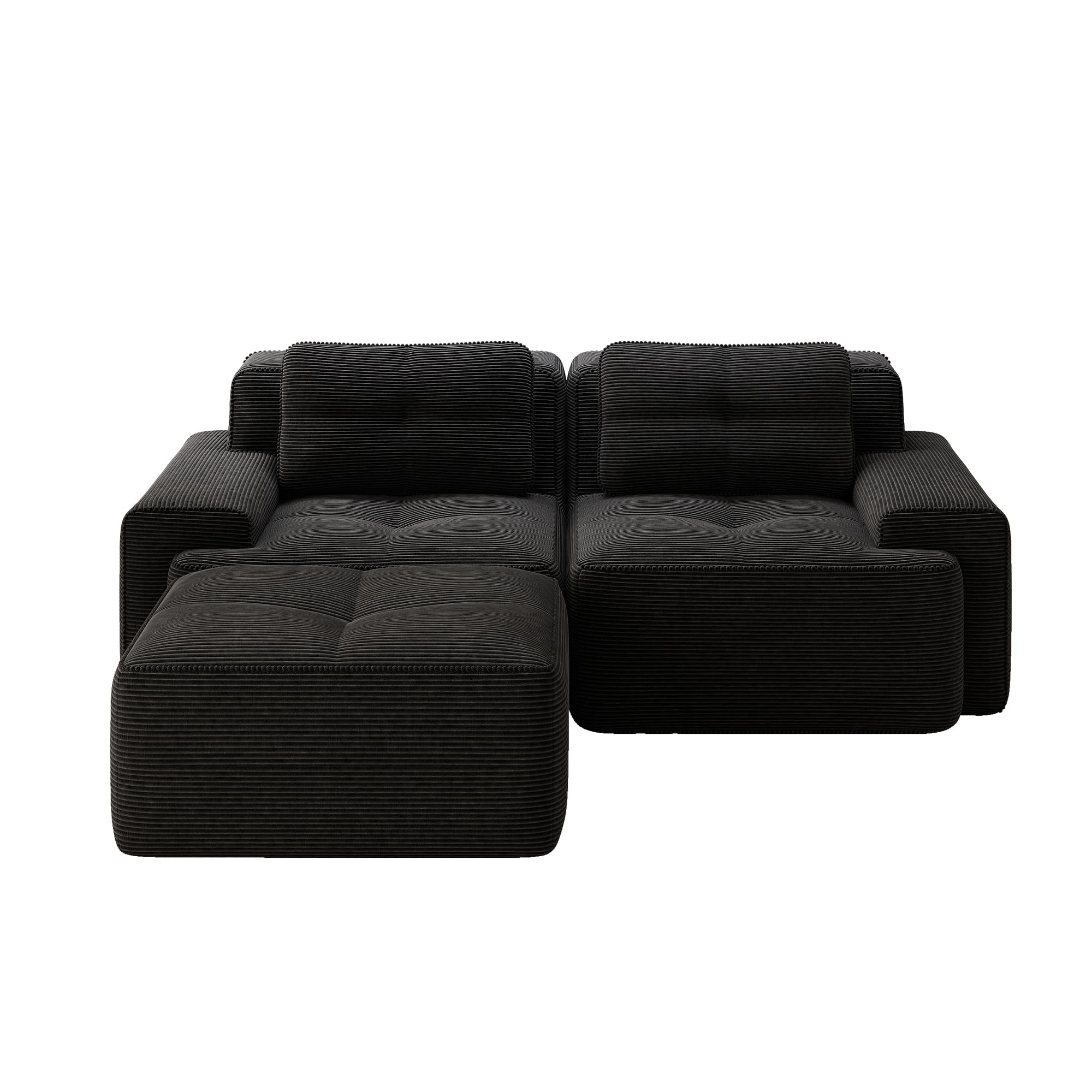 Divano modulare nero Boneless, moderno divano modulare a L per soggiorno, comodo divano in corduroy cloud con ottomano, divano letto a due posti trapuntato