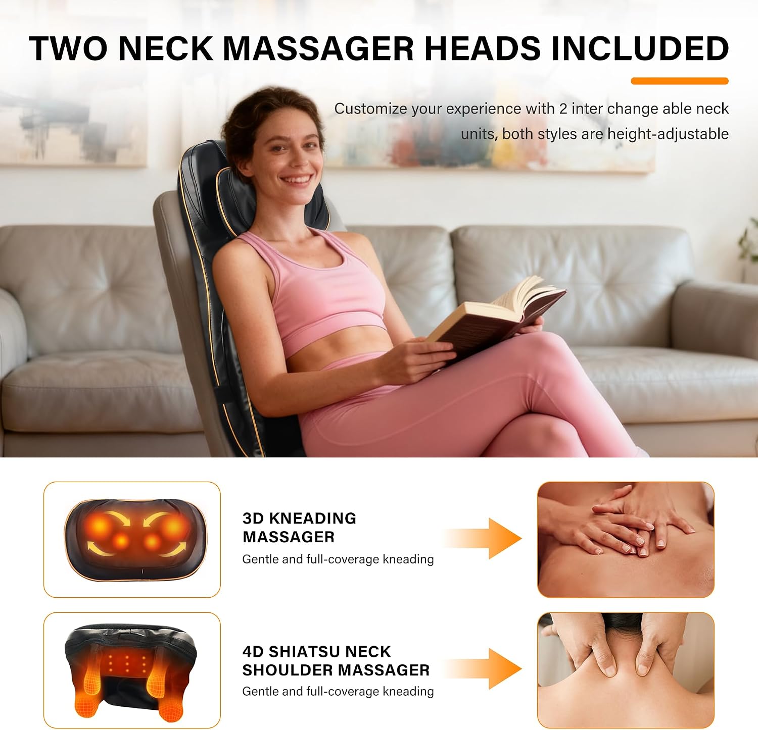 shiatsu neck back massager chair cushion w/heat - full-back massage cushion with kneading, rolling, vibration- adjustable neck height & intensity - heated seat for home & office for holiday gift black