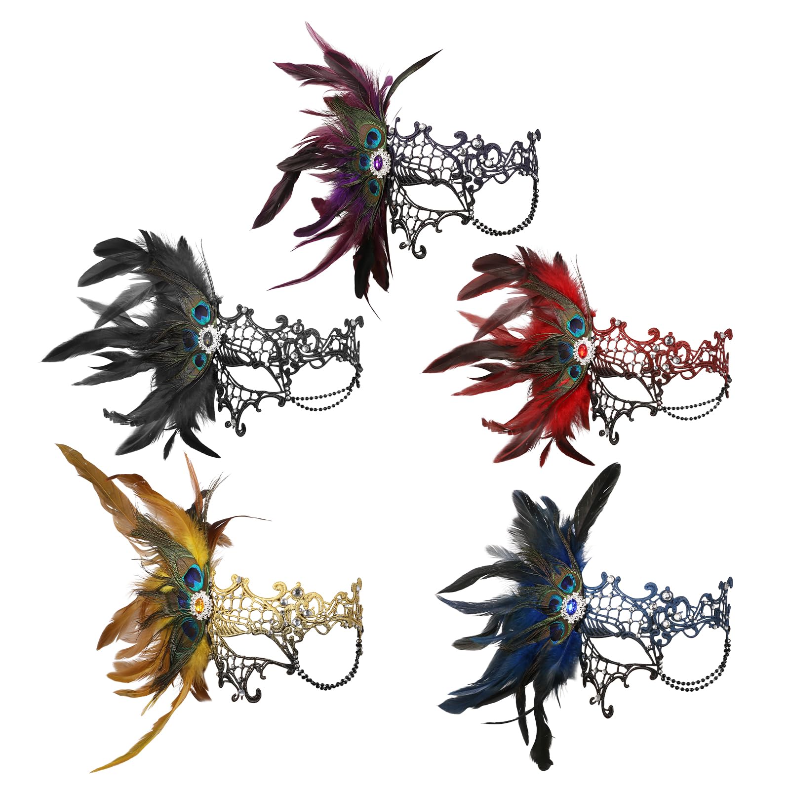 JewelryWe Wenecka monokel maska damska, elegancka maskarada, półmaska z pawimi piórami/strasem, gotycka maska monokelowa, maska jednooczna, kostium na imprezę, karnawał, Halloween, cosplay
