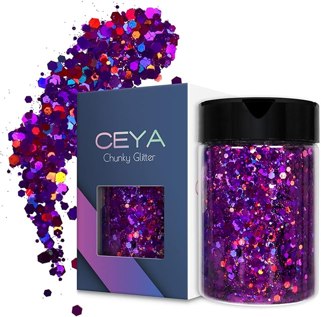 Ceya Holographic Chunky Glitter, 3.5oz/ 100g Purple Craft Glitter Powder Mixed Chunky & Fine Flakes Iridescent Nail Sequins for Nail Art, Hair, Epoxy Resin, Tumblers, Slime, Painting, Festival Decor