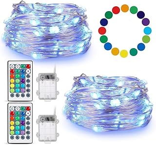 2 Pack Fairy String Lights,50 LED Fairy Lights Battery Operated Multicolor Changing Twinkle Lights with Remote,16.4Ft Silvery Copper Wire Firefly Lights for Party Wedding Christmas Décor