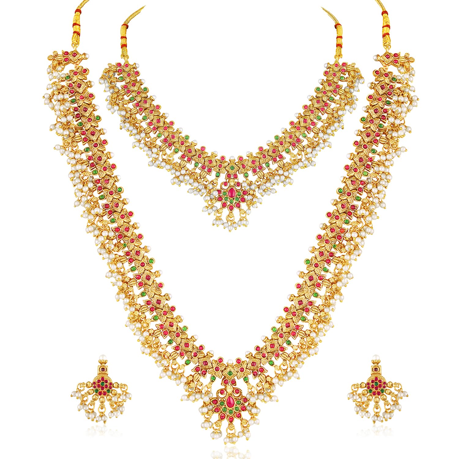 Gold Plated Faux Ruby Faux Emerald & Lariya Studded Long & Short Necklace Earrings Set Ethnic Jewellery Gift for Women & Girls-image-3