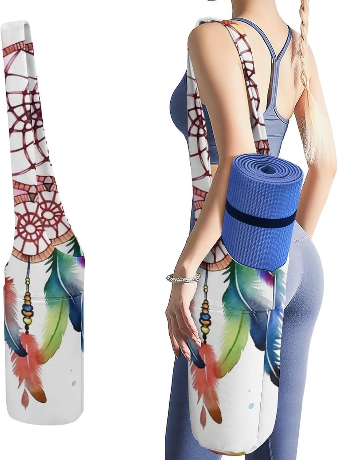 Canvas Yoga Bag,Watercolor Dream Catcher Printed Yoga Mat Handbag,Portable Yoga Mat Bag Large Capacity Gym Bag for Men Women Pilates Beach Travel