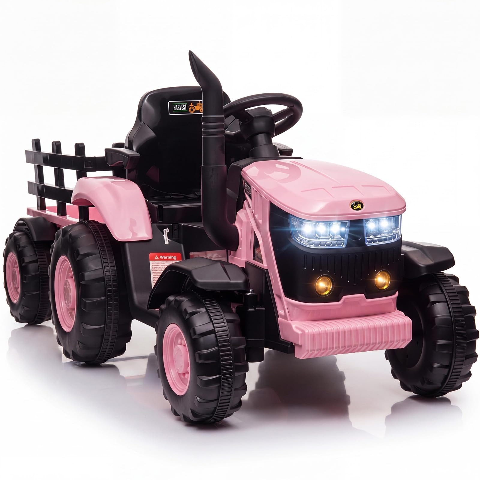 Garvee Electric Ride on Tractor with Detachable Trailer, 12V Ride on Tractor with Remote Control, LED Lights, Horn, Music & USB for Ages 3+, Pink