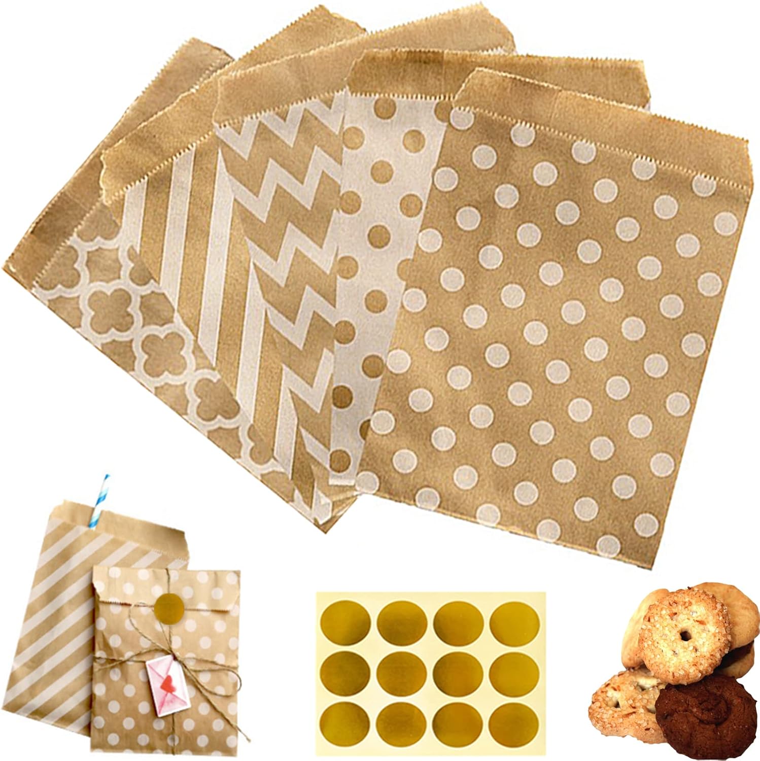 Cookie Bags,Paper Cookie Bags,Kraft Paper Bags,100 PCS Biodegradable