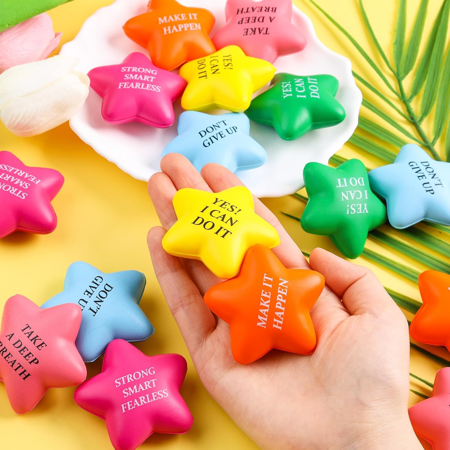 LovesTown 24PCS Inspirational Stress Relief Balls: 2inch Star, Motivational Stressballs with Colorful Foam Squeeze Balls for Kids & Adults (Pack of 2)