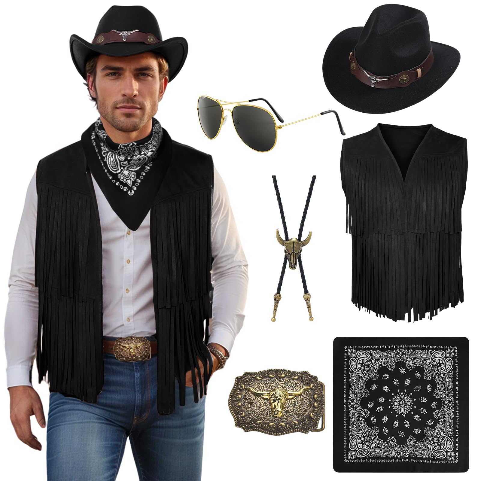 Antsparty Cowboy Costume for Men, Cowboy Outfit with Fringed Waistcoat Hat Glasses Bandana, Adult Hippie Fancy Dress for Western Theme Party