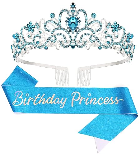 Tiara y corona de cumpleaños con banda para mujeres y niñas, accesorios para el cabello para disfraz de fiesta de boda (C- azul)