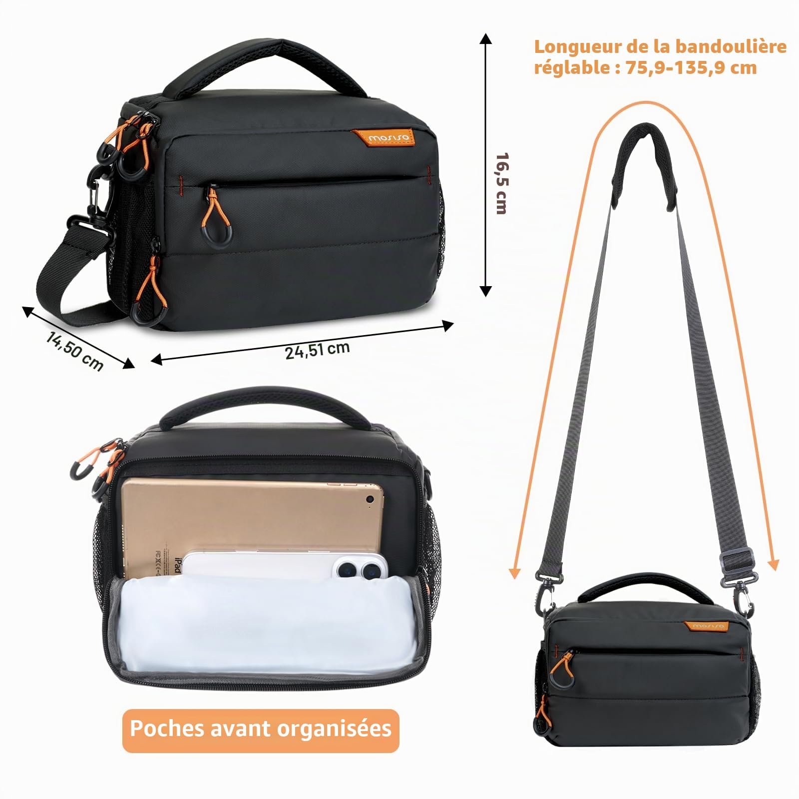 MOSISO Sac Photo pour Photographes, Sac Bandoulière Compact pour Appareils DSLR/SLR/Mirrorless, Étui Photo Crossbody Étanche Rembourré avec Housse Pluie pour Canon/Nikon/Sony,Noir