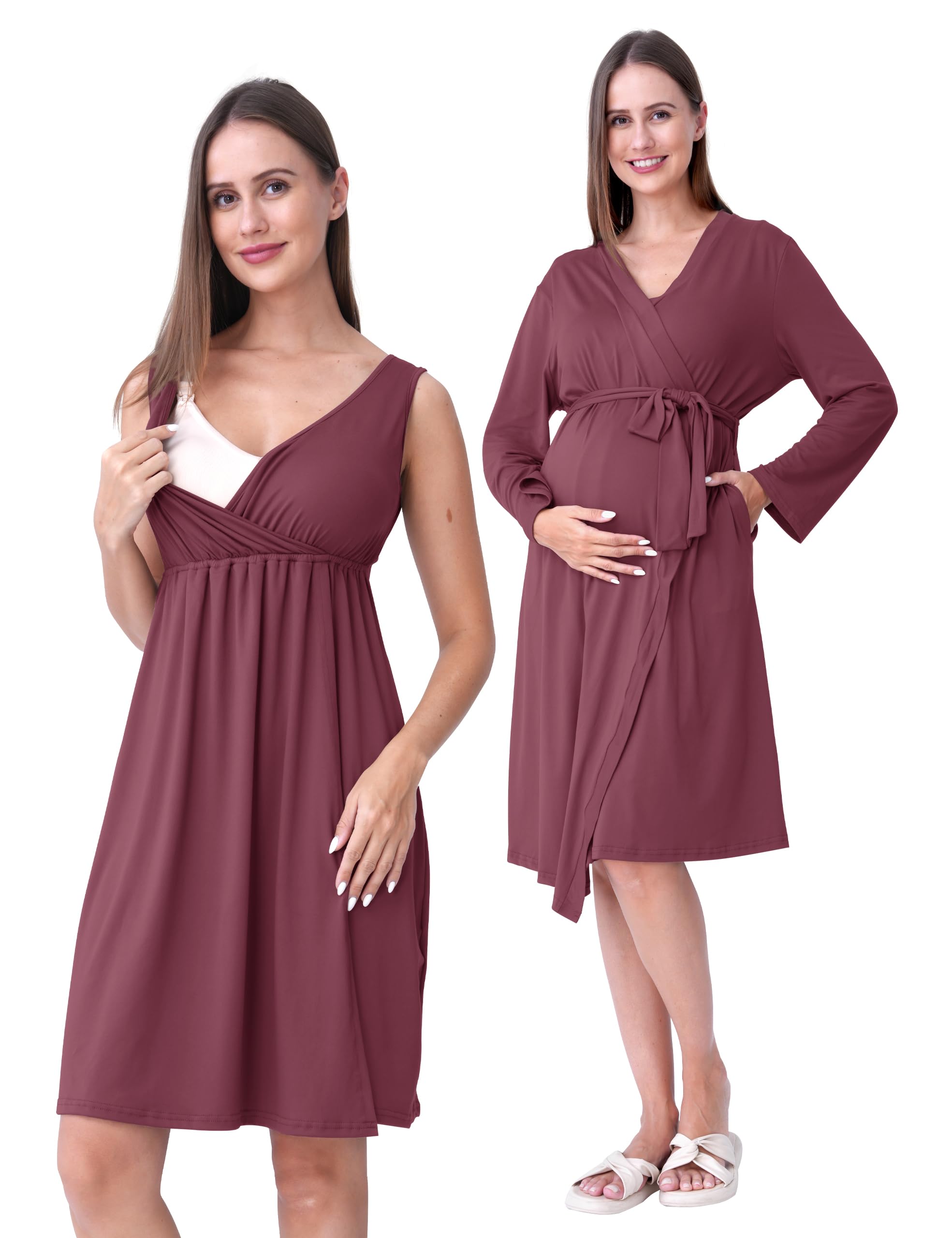 SUNNYBUY Maternity and Nursing Nightdress with Dressing Gown 2-Piece 3-in-1 Pregnancy Night Dress Set for Birth, Postpartum and Breastfeeding, Hospital Sleepwear, darkred, M