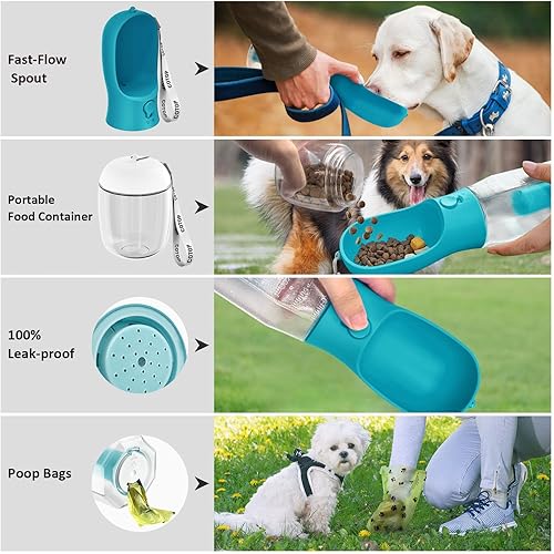 Miniatura 3 de Botella de agua para perros de 20 onzas con contenedor de alimentos y dispensador de bolsas de excrementos, dispensador de agua portátil a prueba de