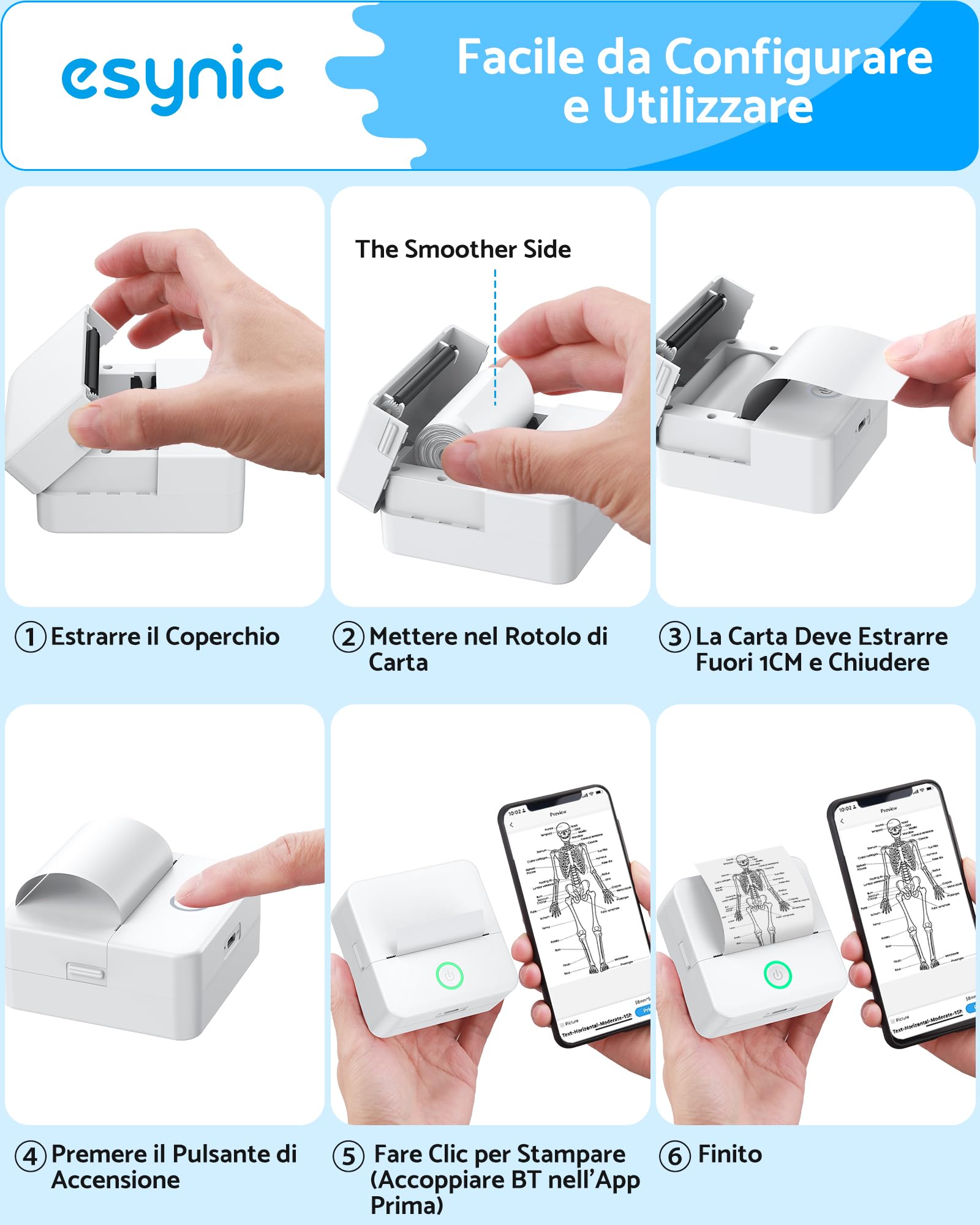 eSynic Stampante Termica Bluetooth Ricarica Type-C Android iOS Foto Bianco e Nero + Carta Termica Adesiva