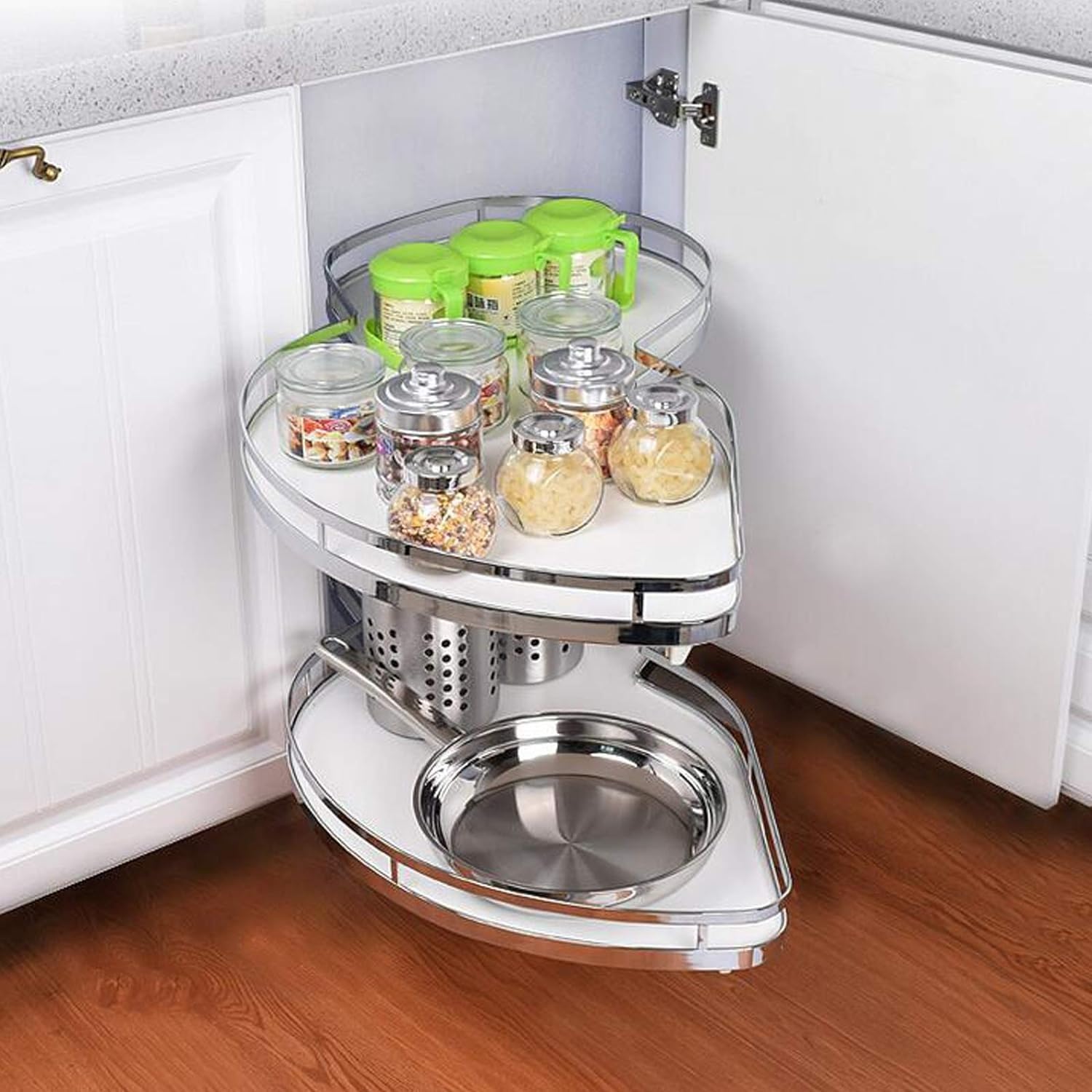 Organizzatore Estraibile per Angolo cieco, unità di scaffalatura Estraibile per Angolo cieco da Cucina per mobili da 900-1000 mm, cestello Estraibile Frisbee Bianco - Apertura a Destra/sinis