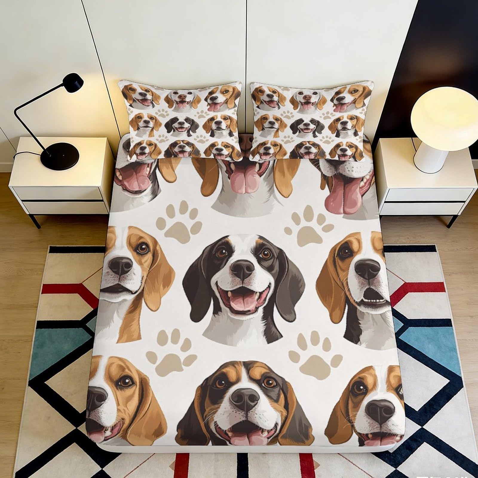 3D Printed Beagle Dog Pattern Fitted Sheet Microfiber Soft Non Slip Animal Paw Mattress Cover for Bedroom Guest Room 180x200x25cm