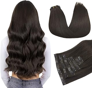 Hair Extensions Real Human Hair, Dark Brown 7pcs 110g 16 Inch, DOORES Seamless Clip in Hair Extensions Human Hair Extensions Remy Clip in Hair Extensions Natural Straight Hair for Women