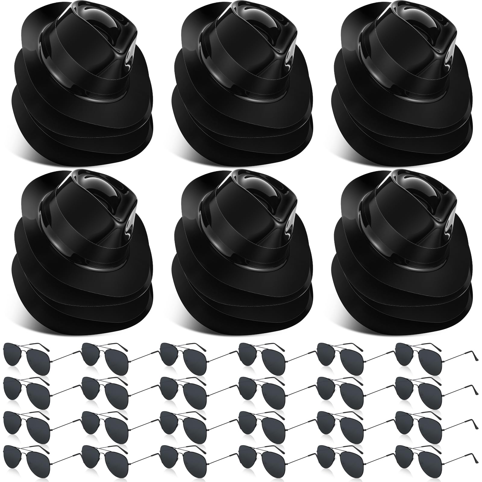 Mepase 48 piezas de suministros de fiesta de neón, 24 sombreros de vestir negros con 24 pares de gafas para adultos, fiesta, boda, carnaval, disfraz de los años 20, Negro -, talla única