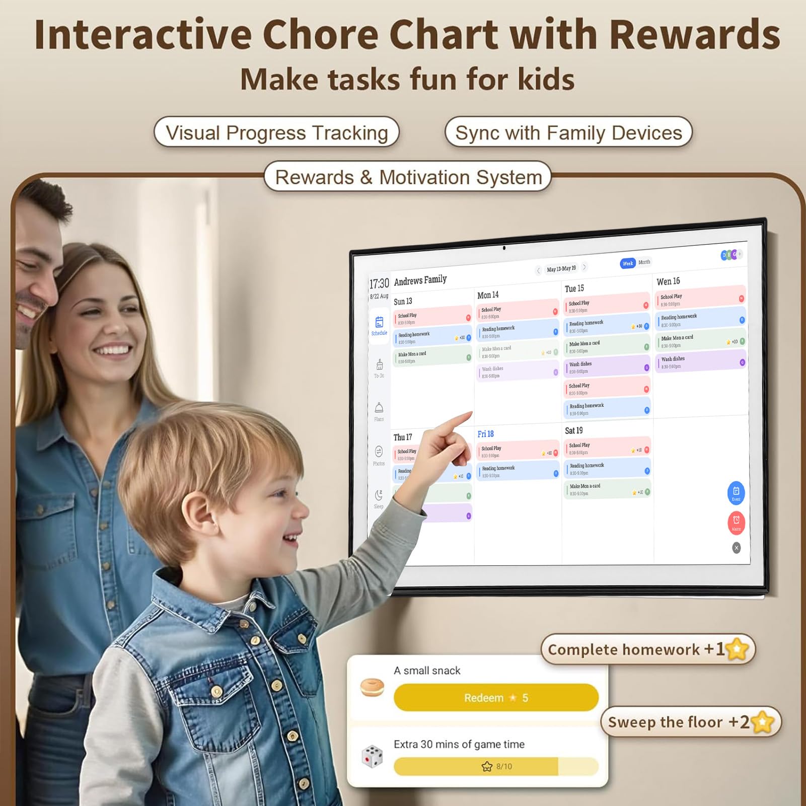 Eujgoov 21,5 Zoll Intelligenter Digitaler Kalender, Touchscreen-Familienplaner mit 1920 X 1080P IPS-Display, Synchronisierung mit Yahoo, für die Wand- und Schreibtischmontage Im Home (EU-Stecker