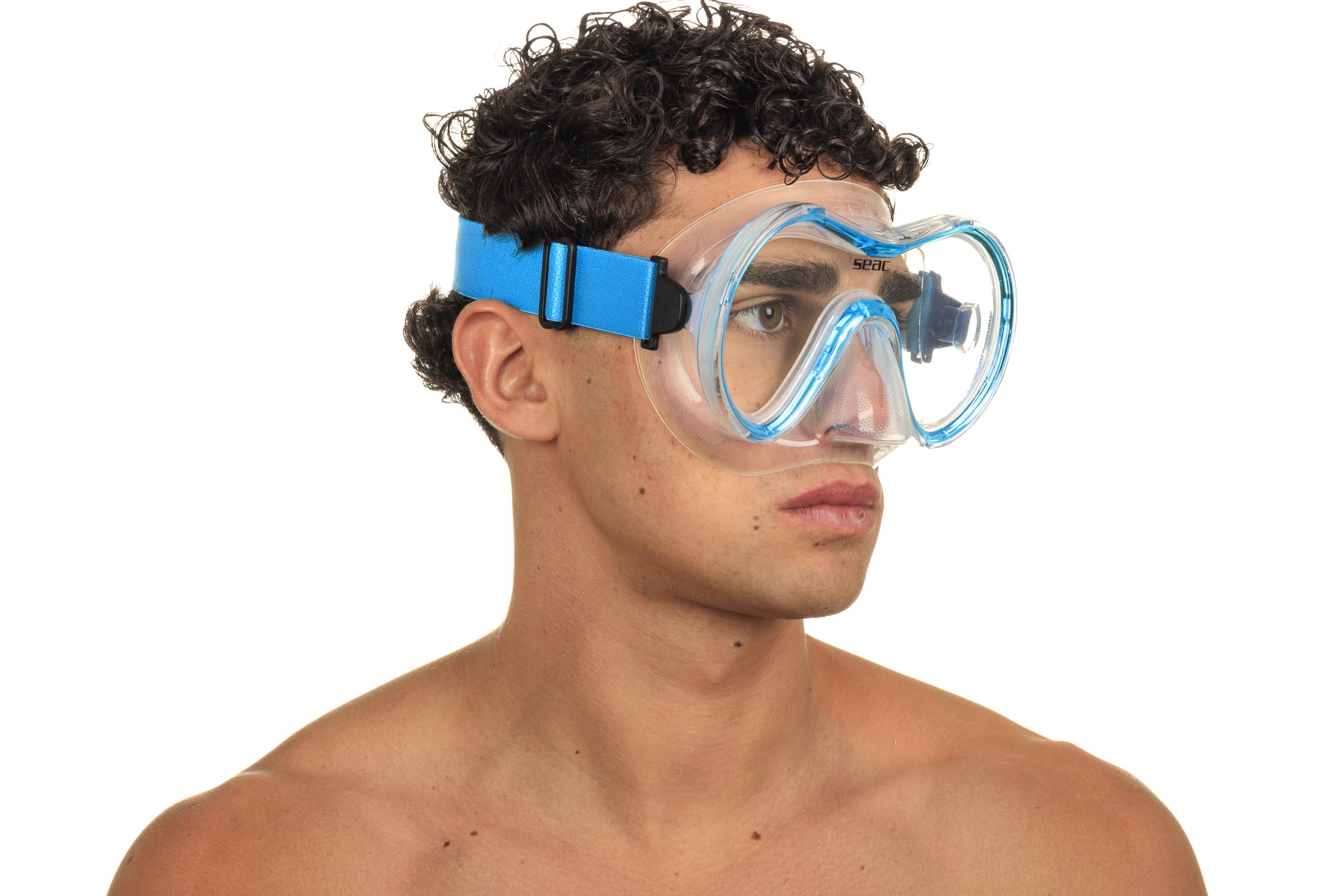 SEAC Unisex-Adult Sunrise Einteilige Tauch-und Schnorchelmaske aus gehärtetem Glas mit 3D-Schnalle, mit Kopfstück aus Textil oder Silikon