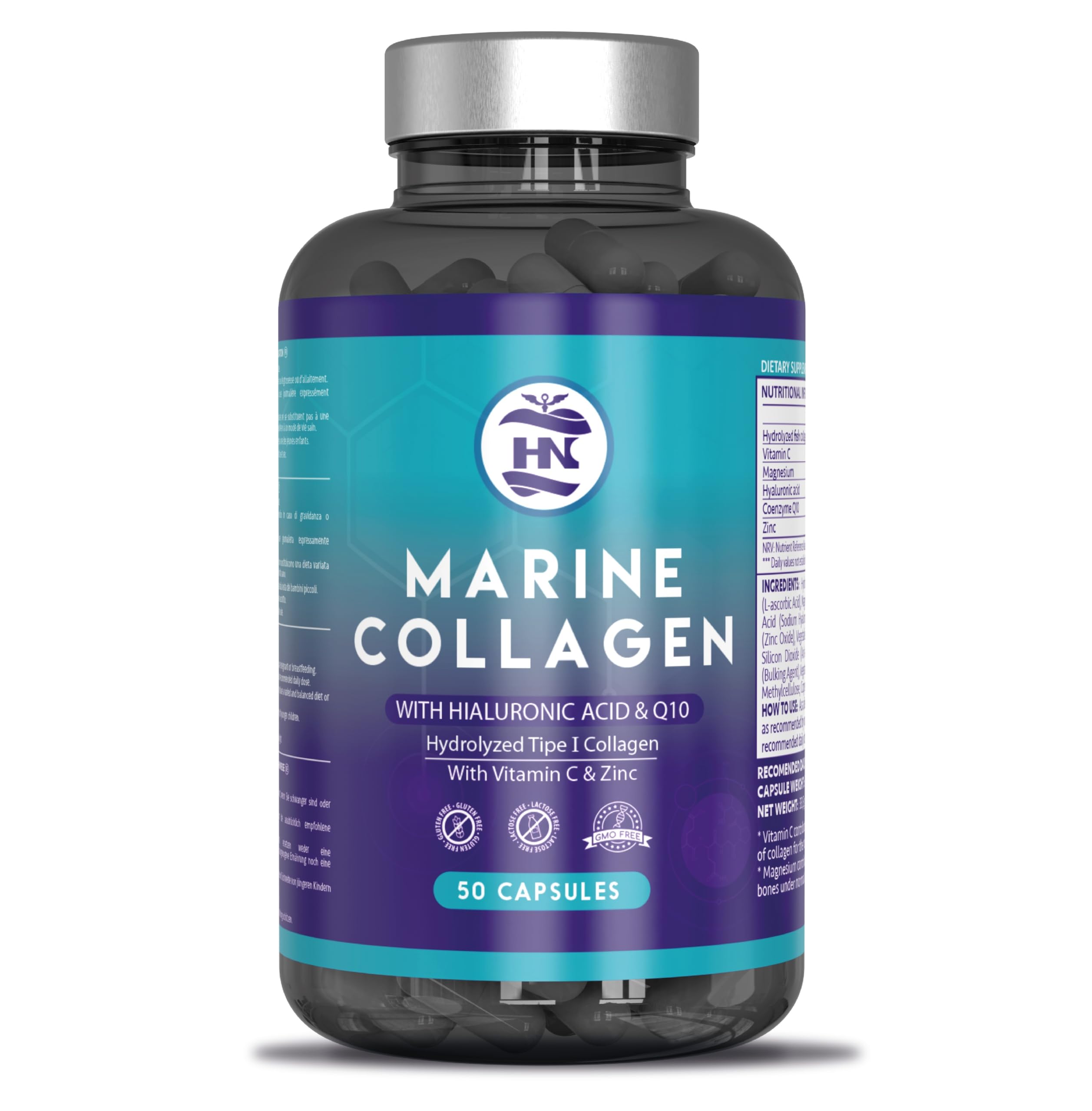 Colageno Marino Hidrolizado Puro con Acido Hialuronico con Magnesio y Vitamina C - Coéncima Q10, Magnesio y Zinc, Marine Collagen, Colágeno Marino con Acido Hialurónico (50 Cápsulas)