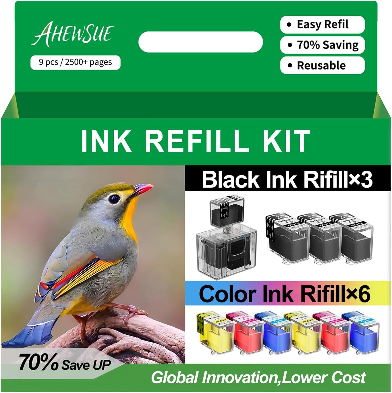 Ink Refill Kit for HP 67XL, 60XL, 61XL, 62XL, 63XL, 64XL, 65XL, Printer Cartridges | 2500+ High Yield | Ink Cartridge Combo Pack Black Ink Refill Color (9-Pack, Black, Cyan, Magenta, Yellow)
