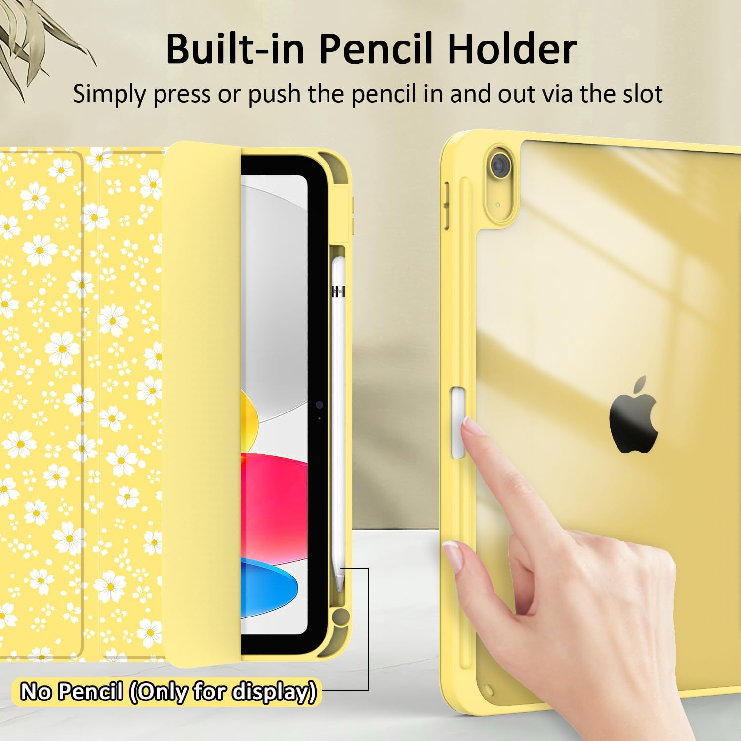 Case for iPad 11-inch (A16) 2025 / iPad 10th Generation 2022(10.9 inch), Tri-Fold Smart Folio Auto Wake/Sleep with Clear Back/Pencil Holder for iPad 11th/10 Gen (Flower Yellow)