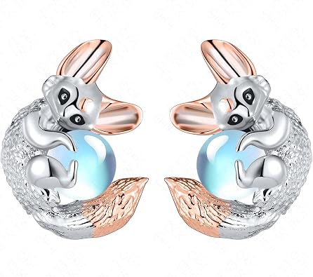 Fox Earrings Sterling Silver Blue Moonstone Animal Stud Jewelry Birthday Christmas Gifts for Women