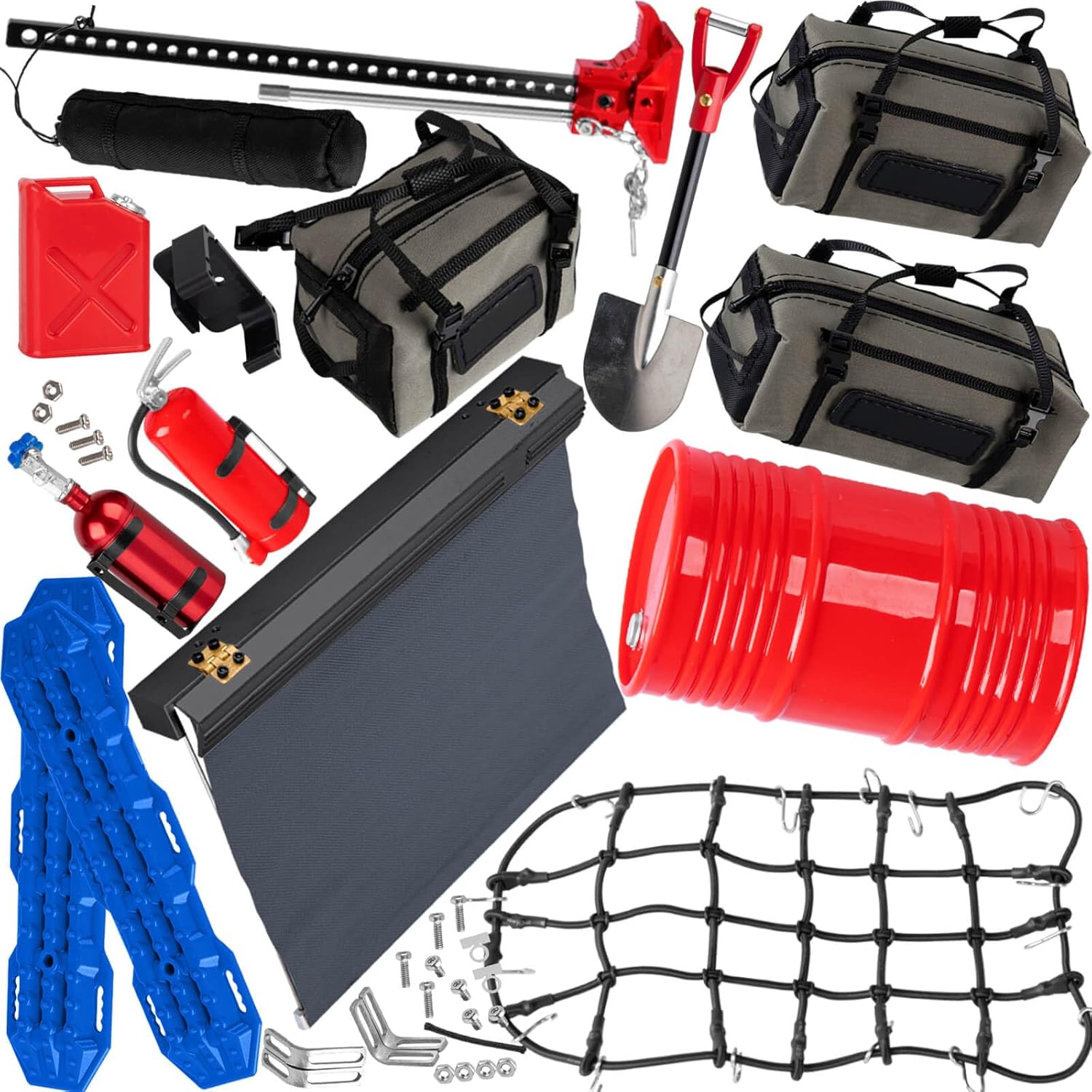 Crawler Car Decoration for 1/10 Trx4 Trx6 SCX10 Gen 7/Gen 8,Mini Luggage Net,Simulation Package,Shovel,Fuel Tanks,Recovery Board,Fire Extinguisher,Tent,Monkey Pole,Black