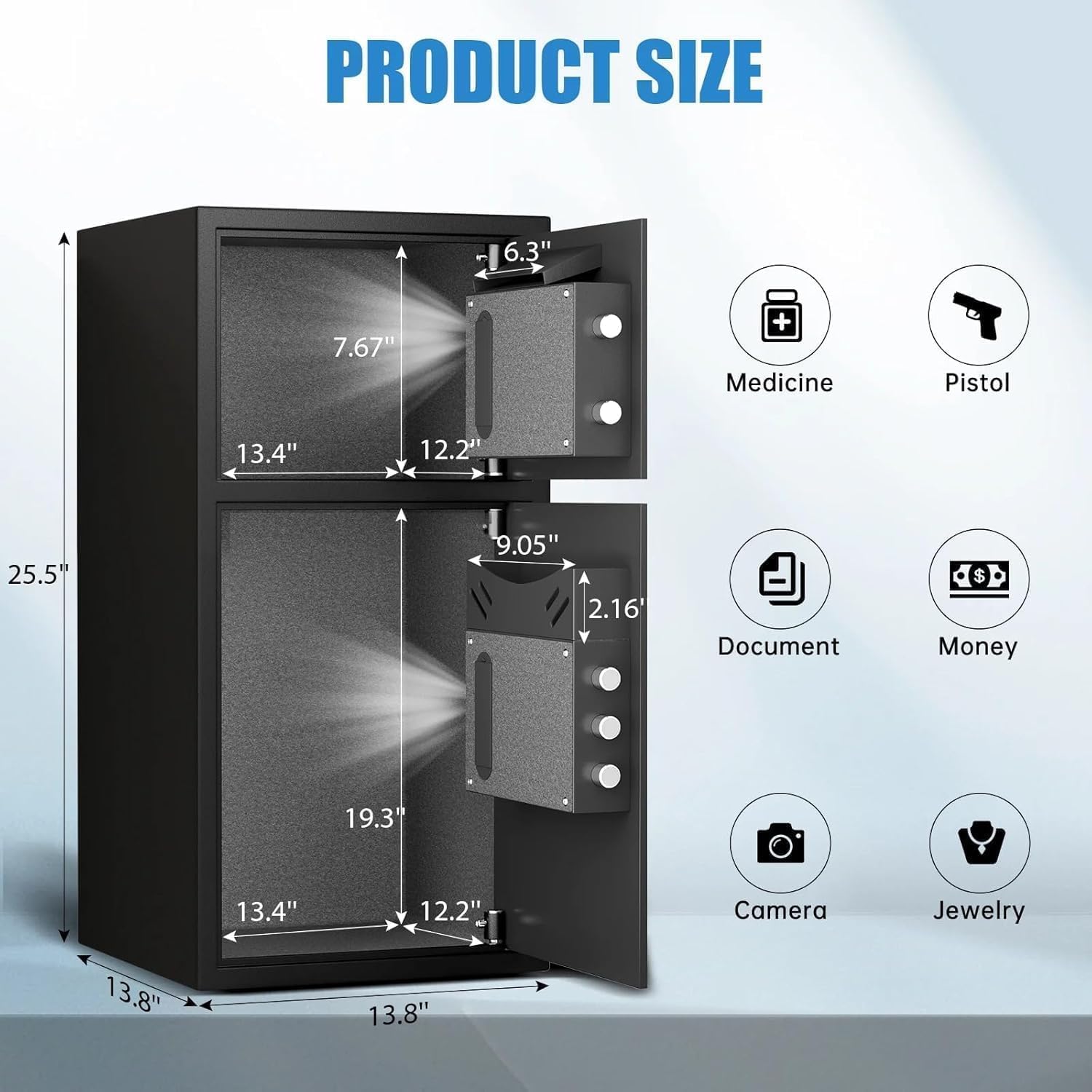 Product size and suggested items for storage