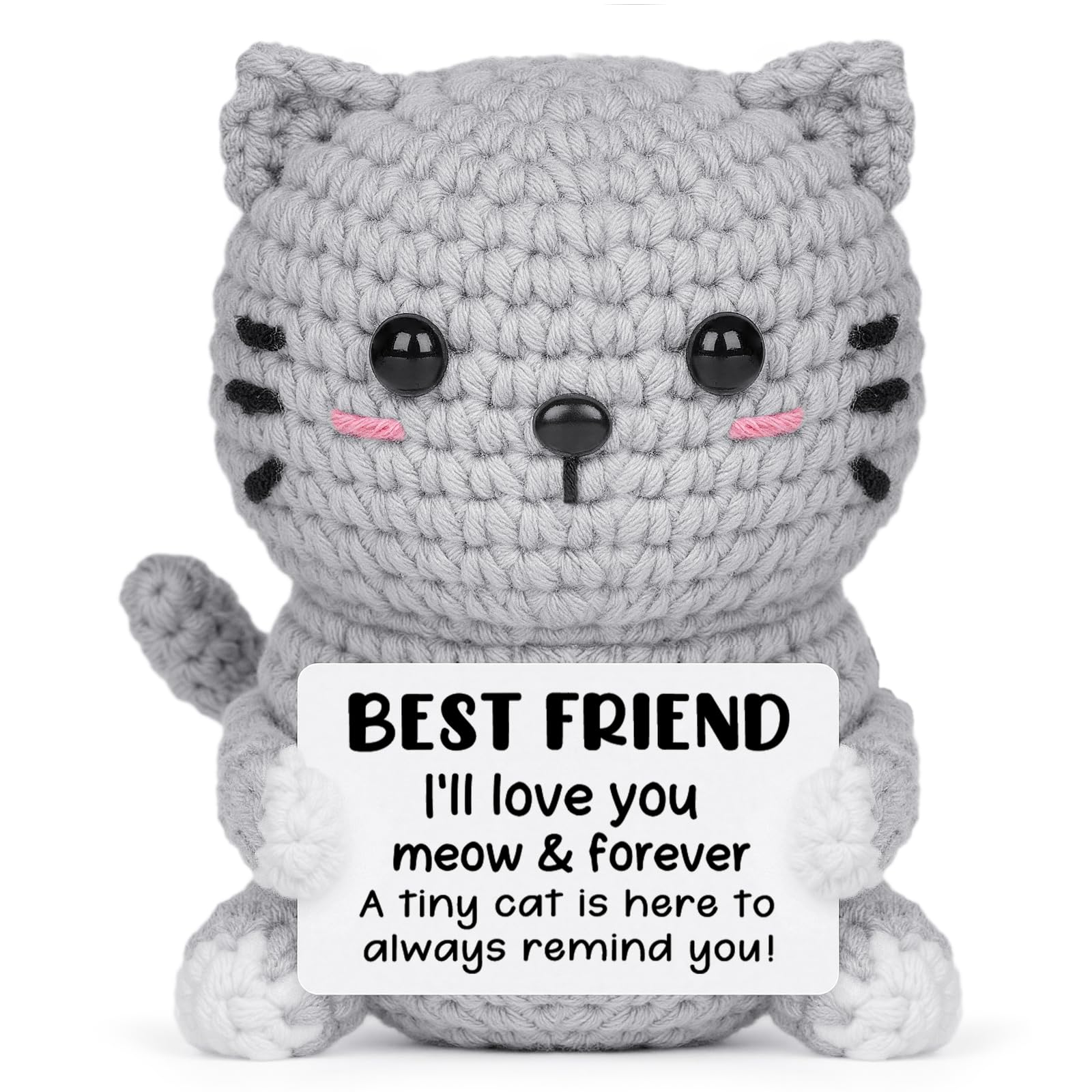 Giftasy Best Friend Handmade Positive Crochet Cute Cat - Friendship Gift with Best Friend Card, Birthday Gifts for Women Bestie BFF Sister, Emotional Support Decor Gift
