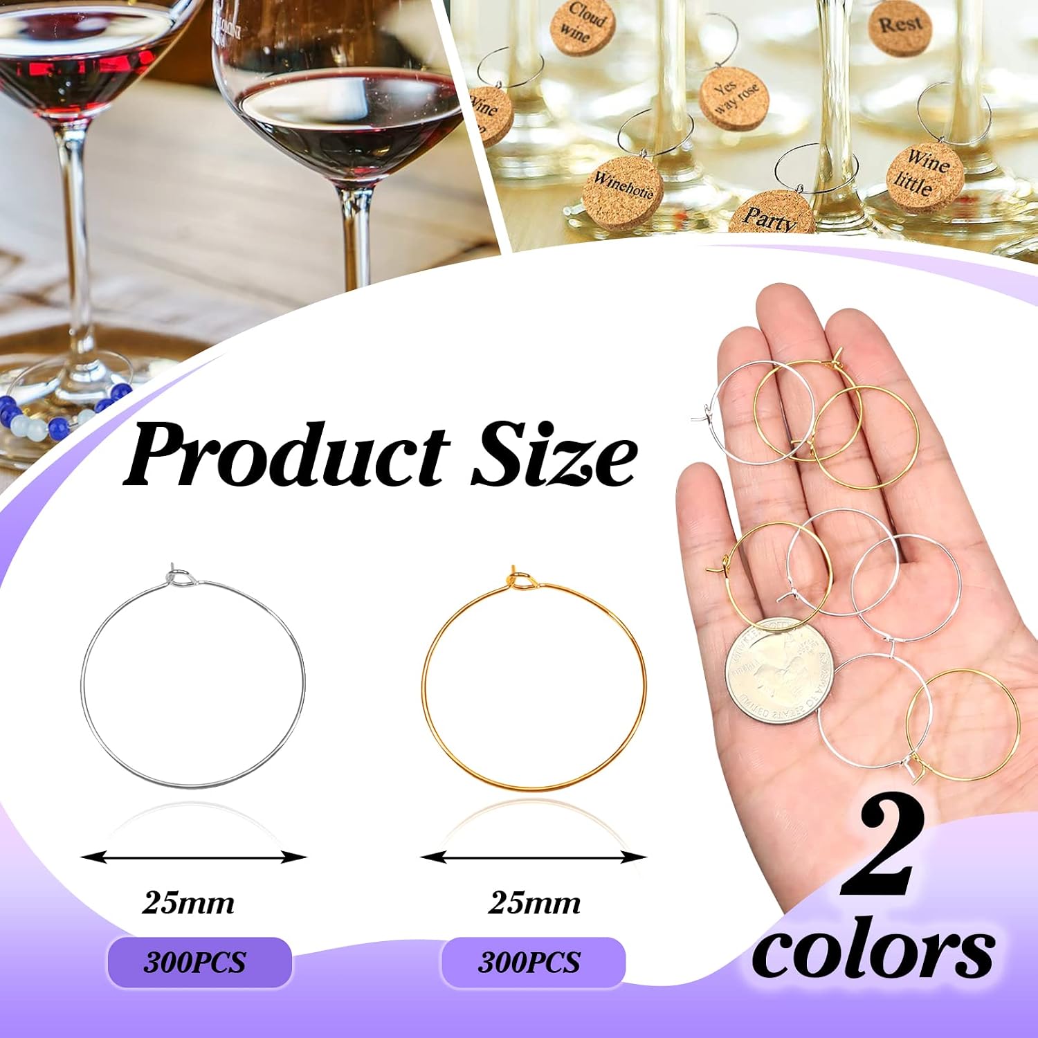 TOAOB 600pcs 25mm Silver and Gold Wine Glass Charm Rings Open Jump Ring Earring Beading Hoop for Jewelry Making Wedding Birthday Festival Party Favor